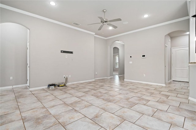 1116 Santa Catalina St, Portland, TX 78374 - empty room featuring a ceiling fan, recessed lighting, ornamental molding, light tile patterned flooring, and arched walkways