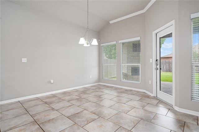 1116 Santa Catalina St, Portland, TX 78374 - unfurnished dining area with lofted ceiling, a chandelier, light tile patterned flooring, and ornamental molding