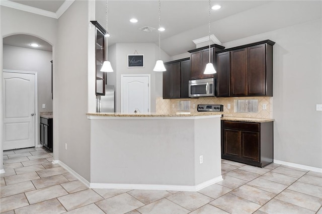 1116 Santa Catalina St, Portland, TX 78374 - kitchen featuring stainless steel appliances, arched walkways, backsplash, dark brown cabinets, and light stone countertops