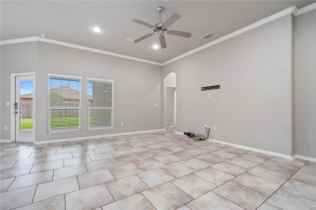 1116 Santa Catalina St, Portland, TX 78374 - empty room featuring ceiling fan, arched walkways, recessed lighting, ornamental molding, and light tile patterned floors
