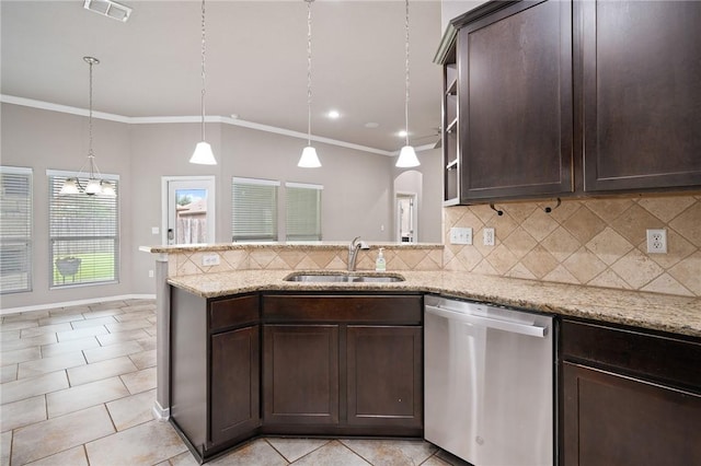 1116 Santa Catalina St, Portland, TX 78374 - kitchen featuring stainless steel dishwasher, crown molding, dark brown cabinets, decorative backsplash, and a peninsula