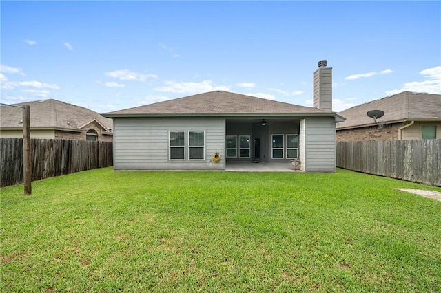 1116 Santa Catalina St, Portland, TX 78374 - back of property featuring a patio, ceiling fan, a fenced backyard, a chimney, and a shingled roof