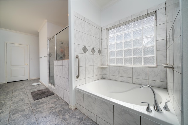 bathroom with separate shower and tub and crown molding