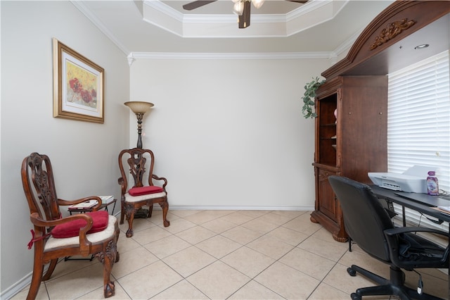 office with ceiling fan, light tile patterned floors, ornamental molding, and a raised ceiling