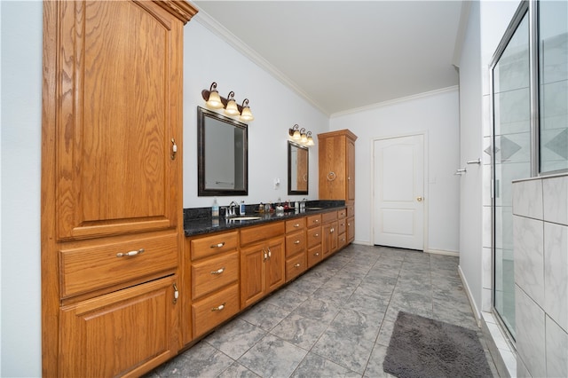 bathroom featuring walk in shower, vanity, and crown molding