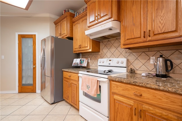 kitchen featuring tasteful backsplash, light stone counters, light tile patterned flooring, ornamental molding, and electric stove