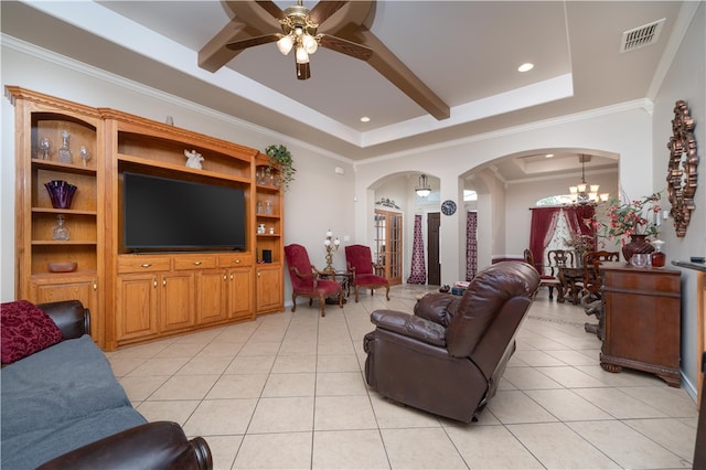 tiled living room featuring ceiling fan with notable chandelier, ornamental molding, and a raised ceiling