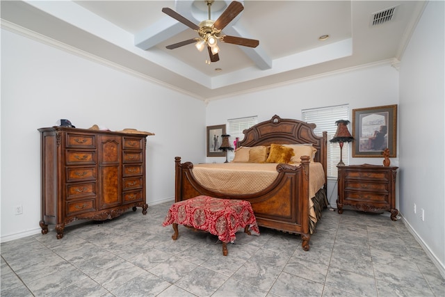 bedroom with ornamental molding, beamed ceiling, ceiling fan, and a raised ceiling