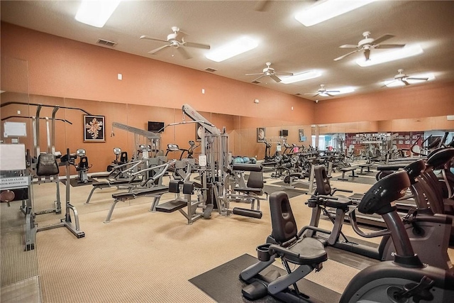 exercise room with ceiling fan and light colored carpet