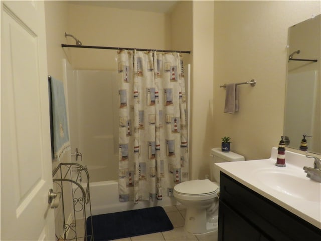 full bathroom with tile patterned flooring, vanity, toilet, and shower / bathtub combination with curtain