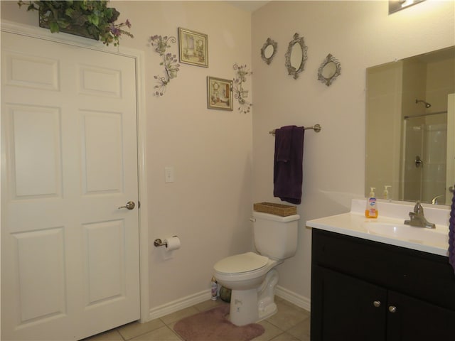 bathroom with walk in shower, tile patterned flooring, vanity, and toilet