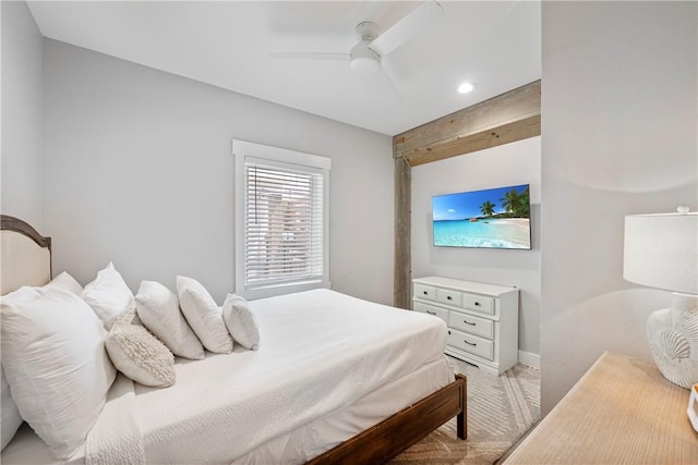 bedroom featuring light carpet, ceiling fan, recessed lighting, and baseboards