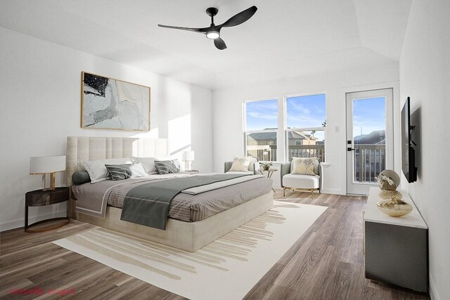 bedroom featuring dark wood-style floors, access to outside, baseboards, and a ceiling fan