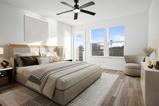 bedroom with light wood-type flooring, baseboards, and a ceiling fan