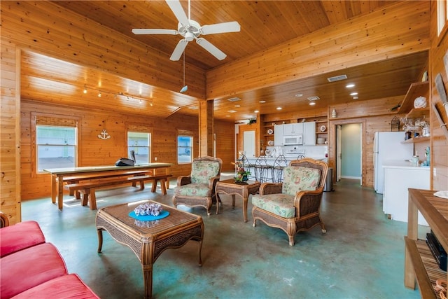 living area featuring wooden walls, wood ceiling, and concrete flooring