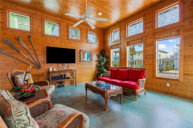 interior space with wooden walls and a healthy amount of sunlight