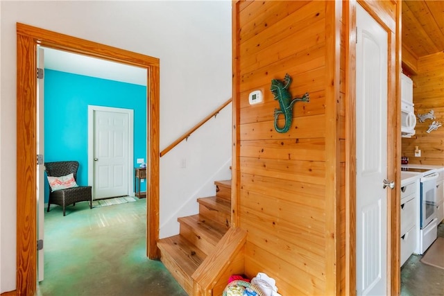 stairs with wooden walls and carpet