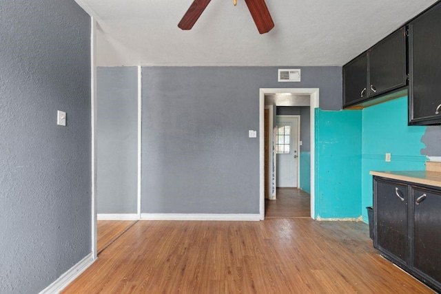 3425 Harold Dr, Corpus Christi, TX 78415 - kitchen with dark cabinetry, a ceiling fan, light wood-style floors, a textured wall, and light countertops