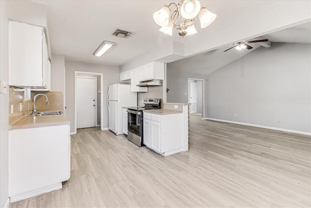 6701 Meadowbreeze Pkwy, Corpus Christi, TX 78414 - kitchen featuring electric stove, a sink, under cabinet range hood, light countertops, and baseboards