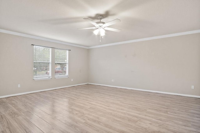 unfurnished room with light hardwood / wood-style floors, crown molding, and ceiling fan