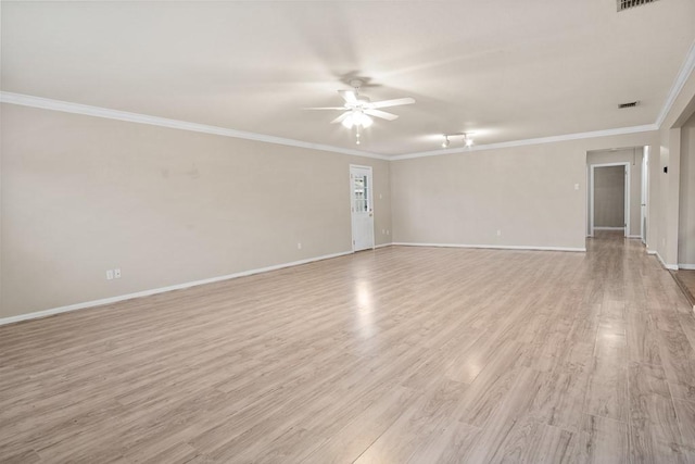 unfurnished room with ceiling fan, ornamental molding, and light hardwood / wood-style floors