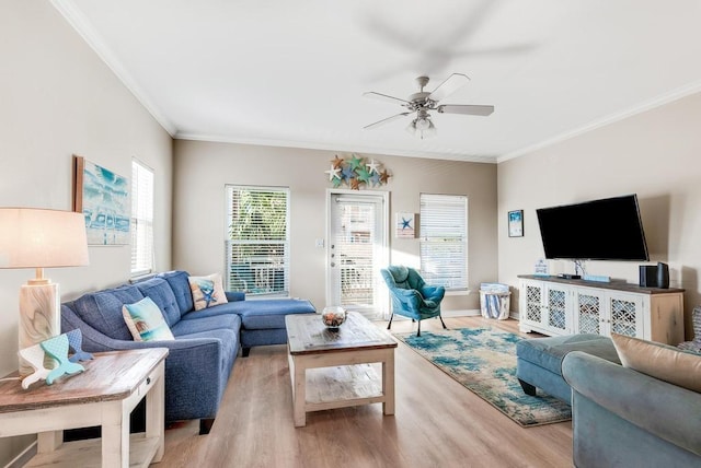 living area featuring ornamental molding, light wood finished floors, a ceiling fan, and baseboards