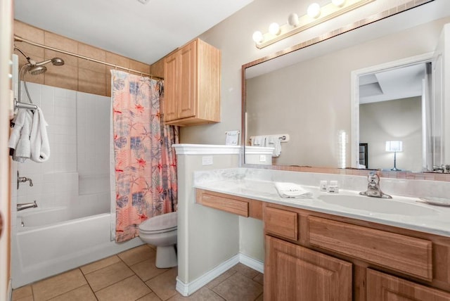 full bathroom with vanity, shower / tub combo, tile patterned flooring, and toilet