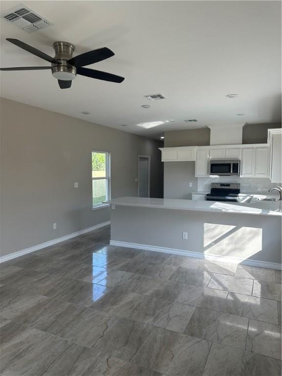 3018 Greenwood Dr, Corpus Christi, TX 78405 - kitchen featuring white cabinetry, visible vents, ceiling fan, and appliances with stainless steel finishes