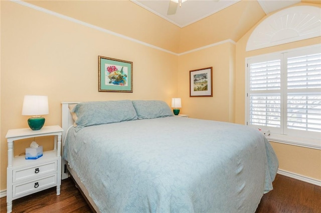 bedroom with a ceiling fan, crown molding, baseboards, and dark wood-type flooring