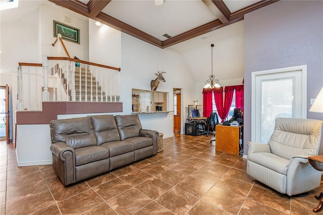 living room with beam ceiling, crown molding, a notable chandelier, stairway, and a high ceiling