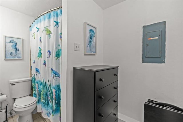 14300 S Padre Island Dr S Unit 220C, Corpus Christi, TX 78418 - bathroom with electric panel, a shower with shower curtain, and tile patterned floors