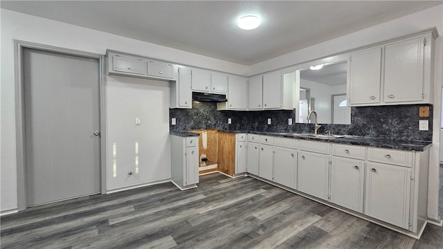 kitchen featuring backsplash, dark hardwood / wood-style floors, white cabinetry, and sink