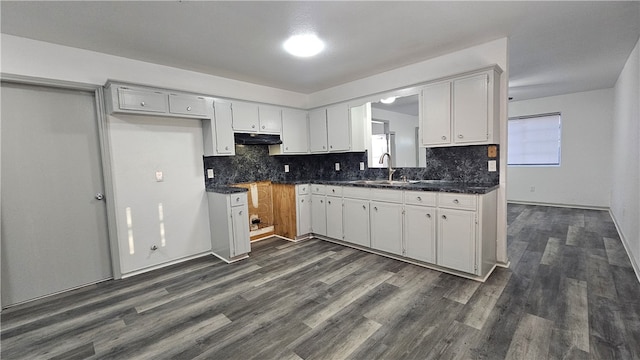 kitchen featuring backsplash, sink, white cabinets, and dark hardwood / wood-style floors