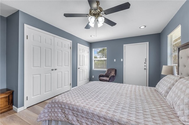 3609 Stinson St, Corpus Christi, TX 78405 - bedroom featuring light wood-type flooring, baseboards, multiple closets, recessed lighting, and ceiling fan