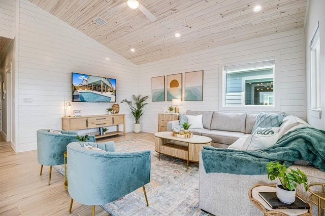 1901 Eskridge Rd, Port Aransas, TX 78373 - living area featuring vaulted ceiling, wooden ceiling, wood finished floors, recessed lighting, and a ceiling fan