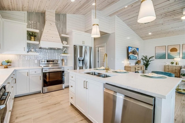 1901 Eskridge Rd, Port Aransas, TX 78373 - kitchen featuring appliances with stainless steel finishes, a sink, premium range hood, open shelves, and wooden ceiling
