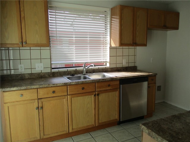 kitchen featuring light tile patterned floors, backsplash, stainless steel dishwasher, and sink