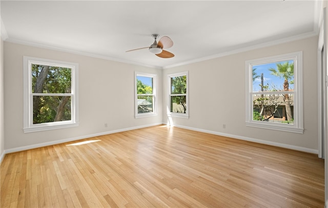 unfurnished room featuring a wealth of natural light, crown molding, and light hardwood / wood-style flooring