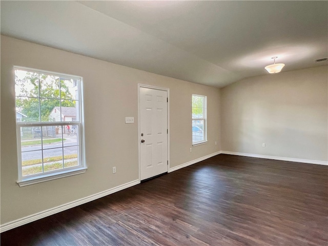 foyer entrance featuring dark wood-type flooring and lofted ceiling