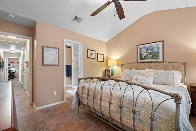 bedroom featuring vaulted ceiling and ceiling fan