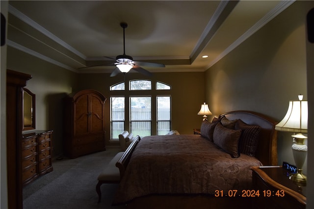 carpeted bedroom featuring ceiling fan, a raised ceiling, and ornamental molding