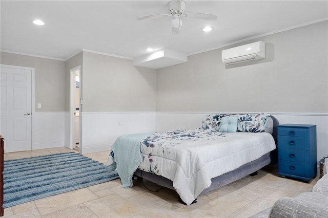 bedroom with ceiling fan, crown molding, and a wall mounted AC