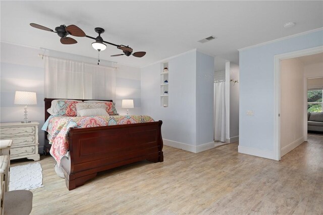 bedroom with ceiling fan, light hardwood / wood-style flooring, and ornamental molding