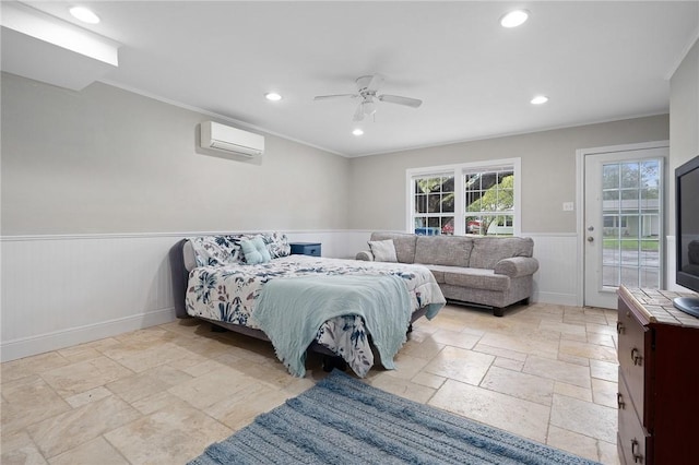 bedroom with ceiling fan, access to outside, and a wall unit AC