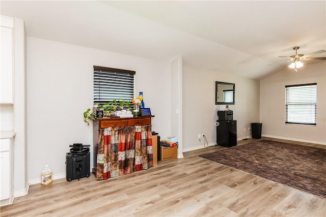 1517 Dorado St, Corpus Christi, TX 78417 - living room featuring wood finished floors, a ceiling fan, and vaulted ceiling