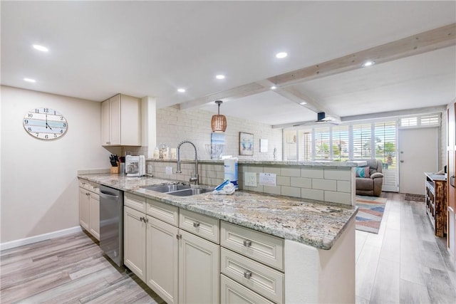 kitchen with dishwasher, sink, backsplash, kitchen peninsula, and light stone countertops