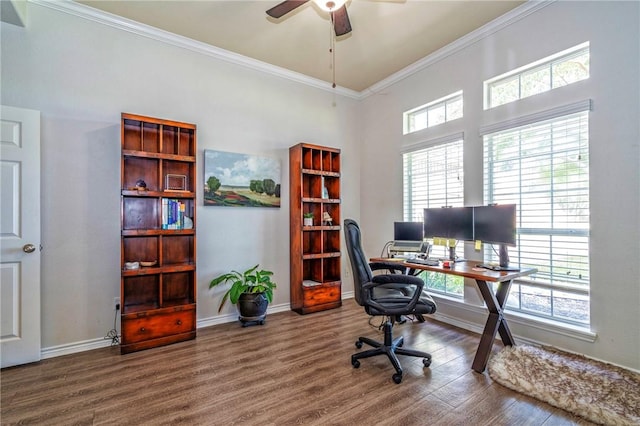 7410 Lake Micala Dr, Corpus Christi, TX 78413 - office space with wood finished floors, a ceiling fan, and crown molding