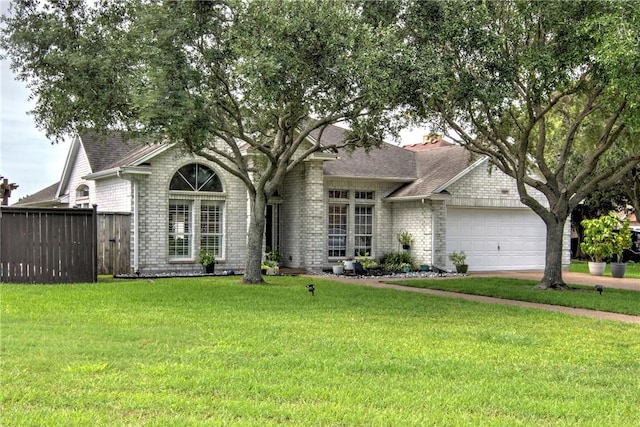 7410 Lake Micala Dr, Corpus Christi, TX 78413 - view of front facade featuring a shingled roof, a garage, brick siding, and concrete driveway