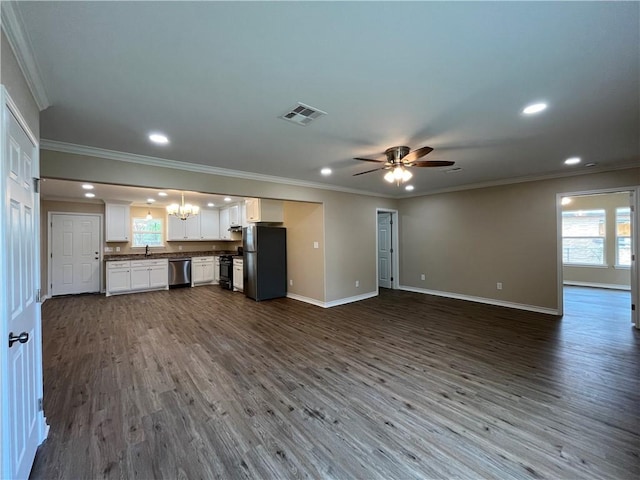 unfurnished living room featuring sink, ornamental molding, ceiling fan with notable chandelier, and hardwood / wood-style flooring