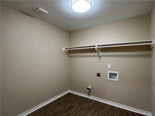 laundry room featuring hookup for an electric dryer, hookup for a washing machine, and dark wood-type flooring